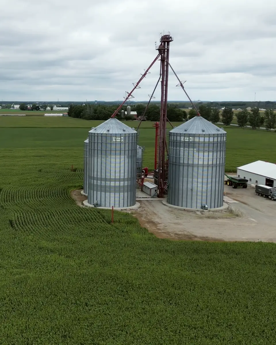 Steel grain bins rising over a green field under a wide sky